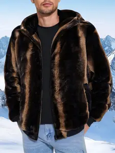 Men's Winter Hooded Fleece Jacket, Vintage Striped Fashion Warm Coat, Street Style, Fitted, Fall & Winter, Casual Wear