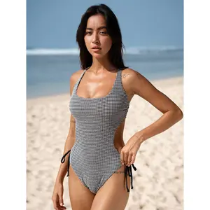 BERLOOK Eco-Certified Recycled Mix Black Plaid X-Cross 1-Piece Swimsuit for Sports & Outdoor Activities,summervibes