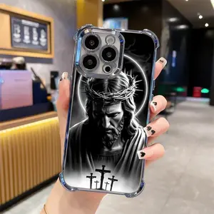 Jesus Clear Protective Four Comers Air Cushion Anti-drop CellPhone Case Clear Phone Case For iPhone 17 16 Pro Max 15 14 13 12 Plus Four Corners Cases 198-07