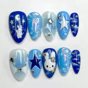 Cute Whimsical Bunny Press On Nails, Dreamy Bunny Blue Sky Nails, Kawaii Whimsical Cloud Mffy-Inspired Nail Art, Easter Day Nails, Cute Nails