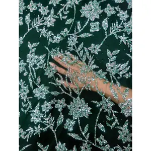 Green Silver Floral Beaded Lace