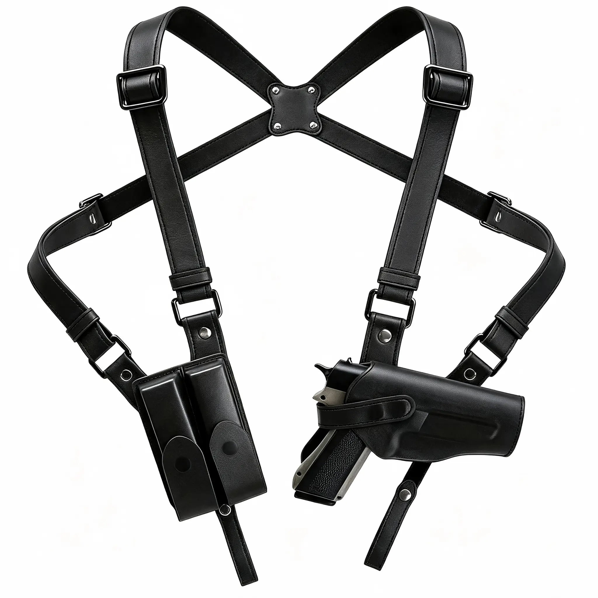 Men's Black Leather Vertical Shoulder Holster - Adjustable Strap Underarm Rig, 42cm, Dual Magazine Pocket, Secure 1911 Pistol Carry, Safety-Enhancing Discreet Hunt Gear Accessories
