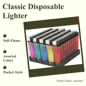 Lot Classic Disposable Lighter Soft Flame Kitchen Lighter - Newly Improve Quality Upgraded, Perfect Strike Every Time - Lighters in Assorted Colors, Pocket Style - Pack of 50