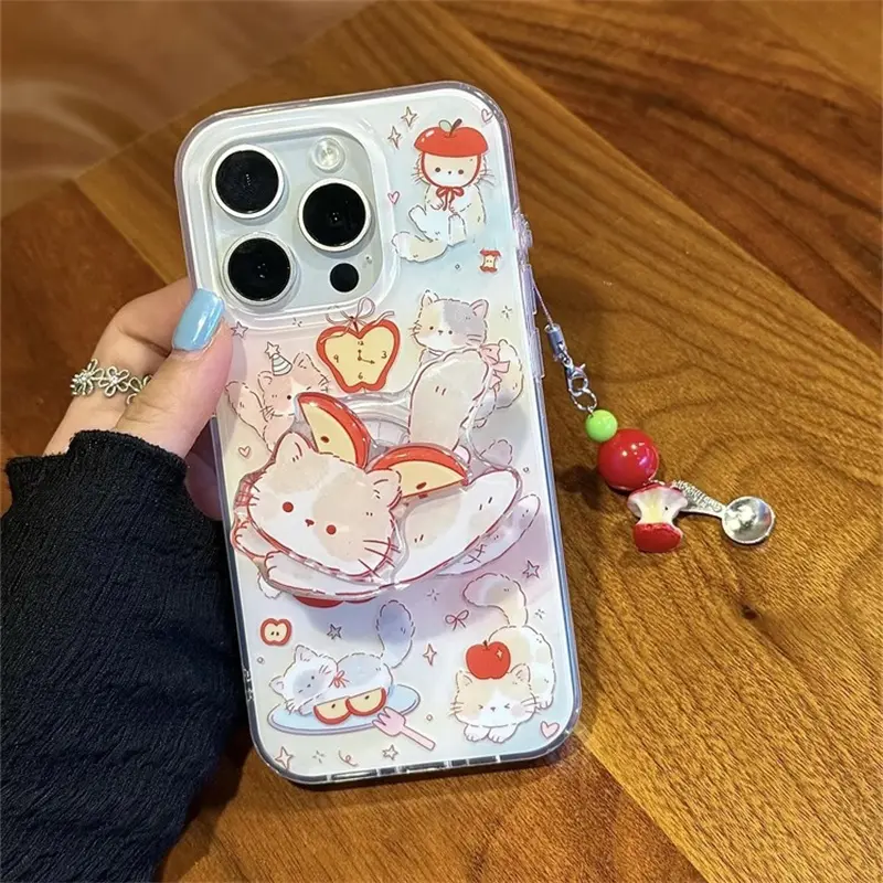 Crystal transparent white light color dyed red Apple Angel Cat protective smartphone case with holder and chain for iPhone 11 12 13 14 15 16 17 pro max