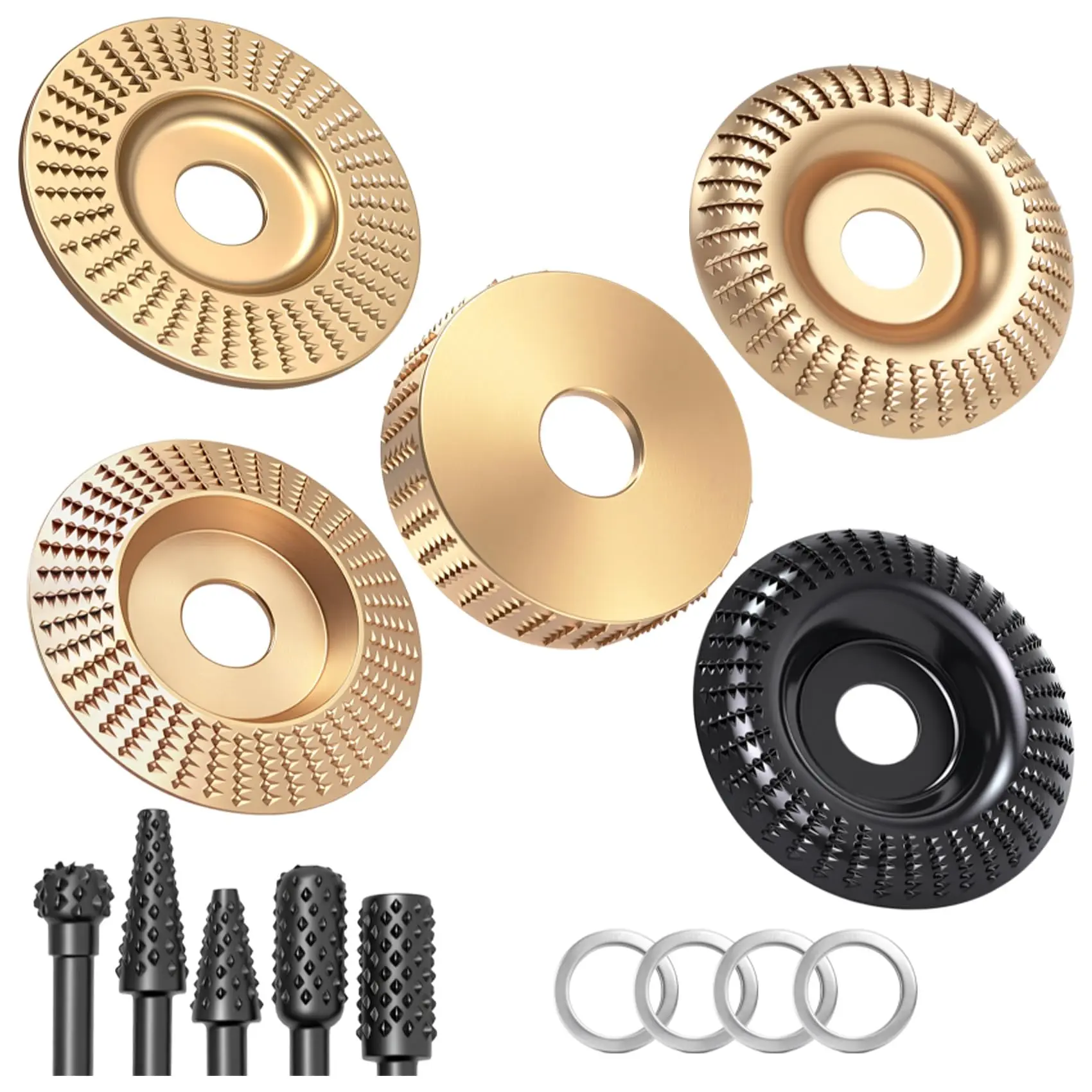 14 Pcs Angle Grinder Wood Carving Discs,Wood Grinding Wheel for 4" or 4.5" Angle Grinders,Equipped with Rotary Burr and 5/8" Adapter Rings,45 Carbon Steel Chainsaw Carving Tools,Hand Tools Kits,Summervibes