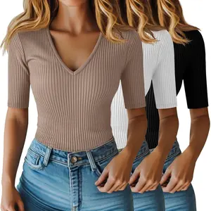 Women's 3-Pack Knit Ribbed Cotton-Spandex T-Shirts - Breathable Solid Basic V-Neck, Elbow-Length Half-Sleeve, Elegant Minimalist Loose Flat Tees for Day, Casual Summer Wear (Pair with Shorts, Pants)