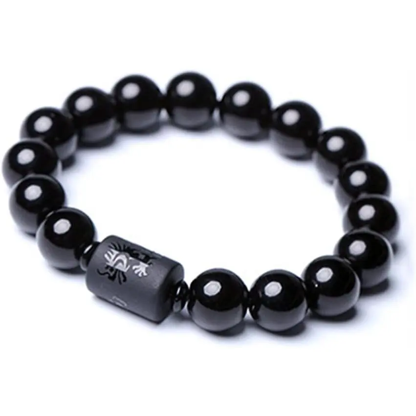 SX Commerce Natural Obsidian Stone Bead Bracelet Couple Men 10mm and Women 8mm Dragon and Phoenix Totem Jewelry (Dragon)