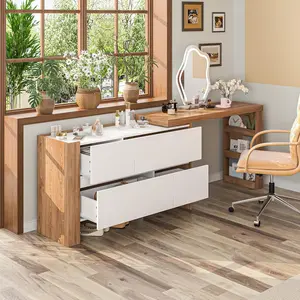2 in 1 Vanity Desk, Adjustable L-Shaped Makeup Vanity Table & Double Dresser with 4 Drawers & Hidden Shelves for Bedroom & Home Office