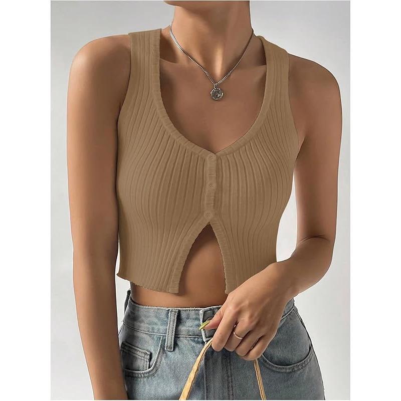 Women's Button Front Ribbed Knit Crop Tank Top Scoop Neck Sleeveless Casual Plain Crop Top Womenswear Bridal Short Basic Minimalist Skinny Slim Vneck White babydoll tops tubetops summer tops crop tops weighted vests women