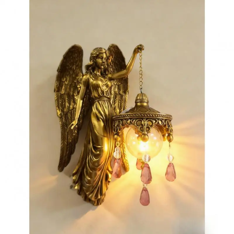 Retro Angel With Wings Crystal Wall Lamp - Wireless Soft Nighttime Glow Lamp, Gilded Metal Elegant Bedroom Decor, Crystal Accents Indoor Use Home Accent, Ideal Birthday Gift