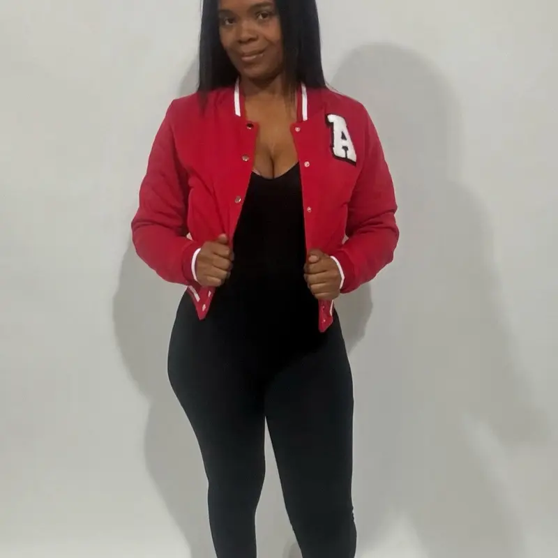 EZwear Letter Patched Crop Varsity Jacket