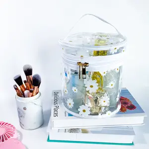 Printed Flowers Clear Cylinder Travel Makeup Bag,Portable Waterproof Pouch with Handle Ideal for Women and Girl