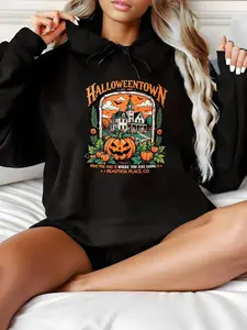 Halloweentown  Graphic Hoodie - Vintage Halloween Pumpkin & Spooky House Sweatshirt - Cozy & Comfortable Fall Apparel - Perfect for Halloween Parties, Trick-or-Treating, or Casual Attire Fabric Womenswear Breathable Cloud