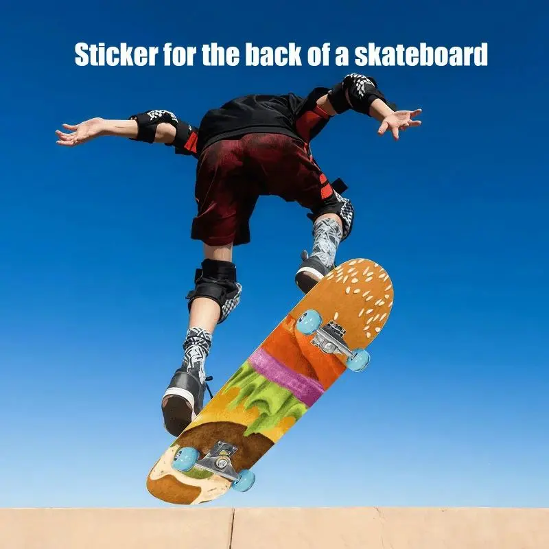 A 2D flat 9 × 33 inch "fun burger pattern style theme" printed skateboard back sticker, using self-adhesive PVC material, suitab