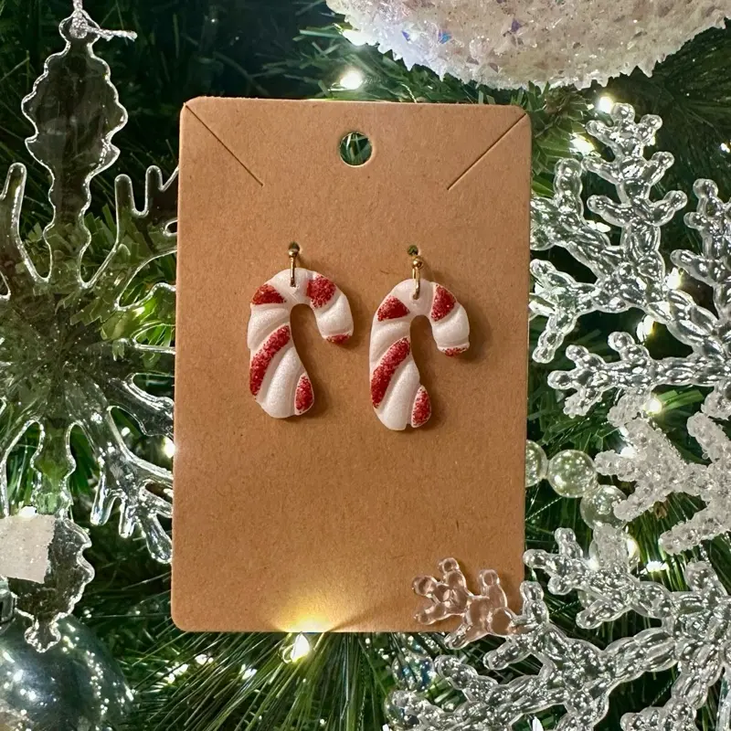 Christmas Candy Cane Clay Earrings - Festive Red & White Design for Holiday Season Jewelry