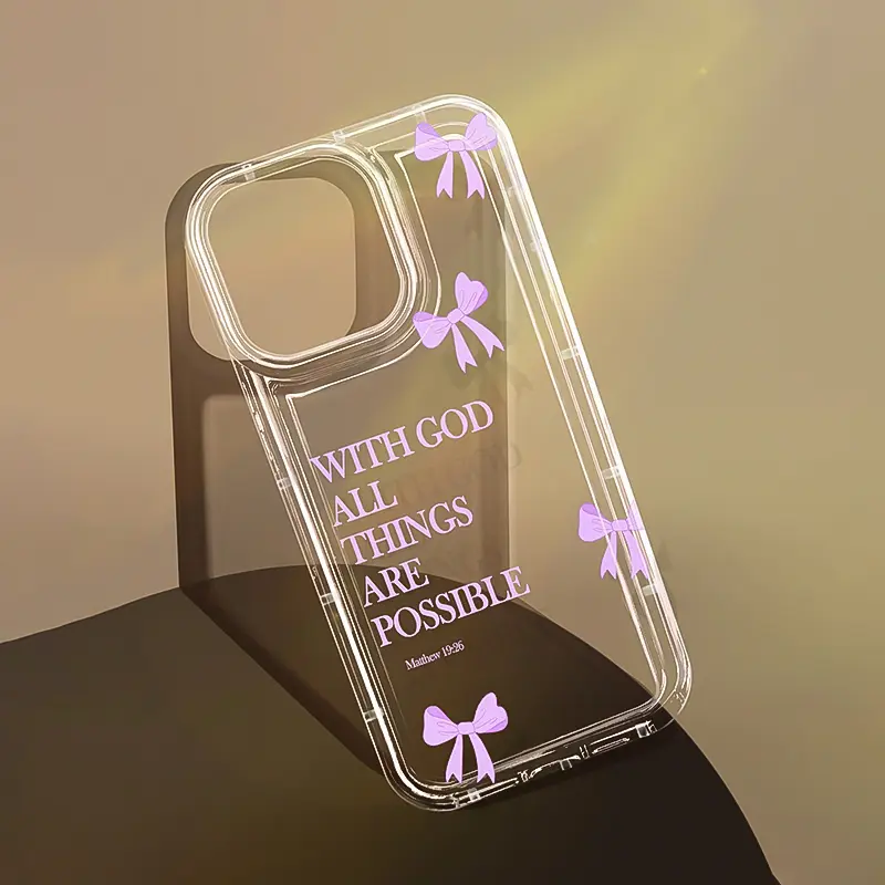 1pc Minimalist Pink Girl Bowknot Religious Slogan Design Airbag Anti-Slip Soft Phone Case For IPhone11/12/13/14/15/16 Pro Max