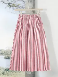 Women's Summer Vacation Style Casual Striped Long Dress, High Waist Slimming Elastic Back Waist Pocket Design Skirt, All Seasons Fashion High Waisted Skirt