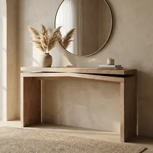 65-Inch Rustic Solid Wood Veneer Console Table - Farmhouse Home Decor, Entryway Table with Wood Grain, Split Sled Base, Antique Natural Finish, for Living Room & Hallway, with Weight Capacity