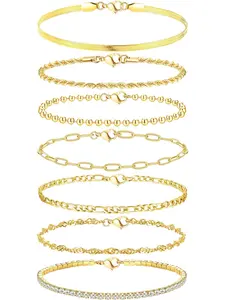 7 Pcs Golden Silvery Stainless Steel Stacking Bracelets Set for Women Men Classic Stylish Twist Figaro Herringbone Chain Craftsmanship Embellished with Shimmering CZ Accents Adjustable Link Bracelets Refined Texture Modern Minimalist Charm