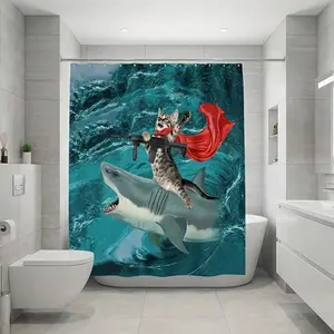 72x72 shower curtain, bathroom four-piece set, bathroom floor mat, toilet seat cover, U-shaped floor mat, cat riding shark pattern, waterproof fabric, comes with 12 plastic hooks, no drilling required, easy to install, perfect home decoration, suitable fo