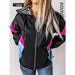 Women's Leopard Patchwork Print Drawstring Zip Up Hooded Jacket, Casual Long Sleeve Pocket Outerwear for Winter, Ladies Clothes for Daily Wear��gift��
