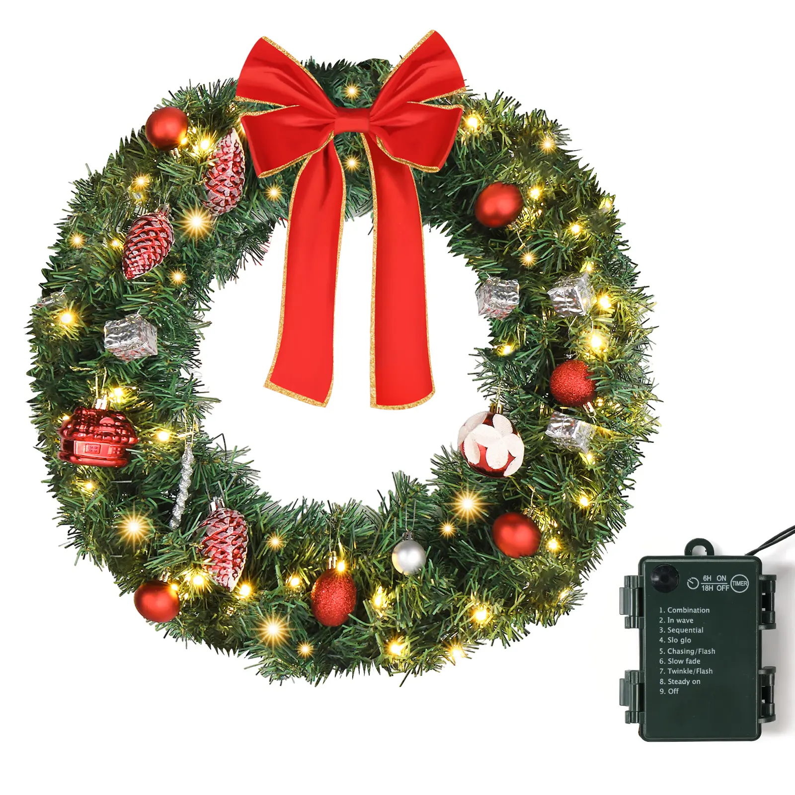 Ubesgoo 24in Green PVC Christmas Wreath, 50 Warm Lights, 8 Lighting Modes, Battery Box Controlled, 100 Branches, with Bowknot & 14 DIY Accessories, S101