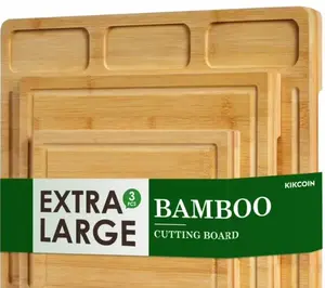 Kikcoin Cutting Board Set of 3 Bamboo Chopping Boards for Kitchen Heavy Duty Wooden Serving Tray with Juice Groove Extra Large with Compartments