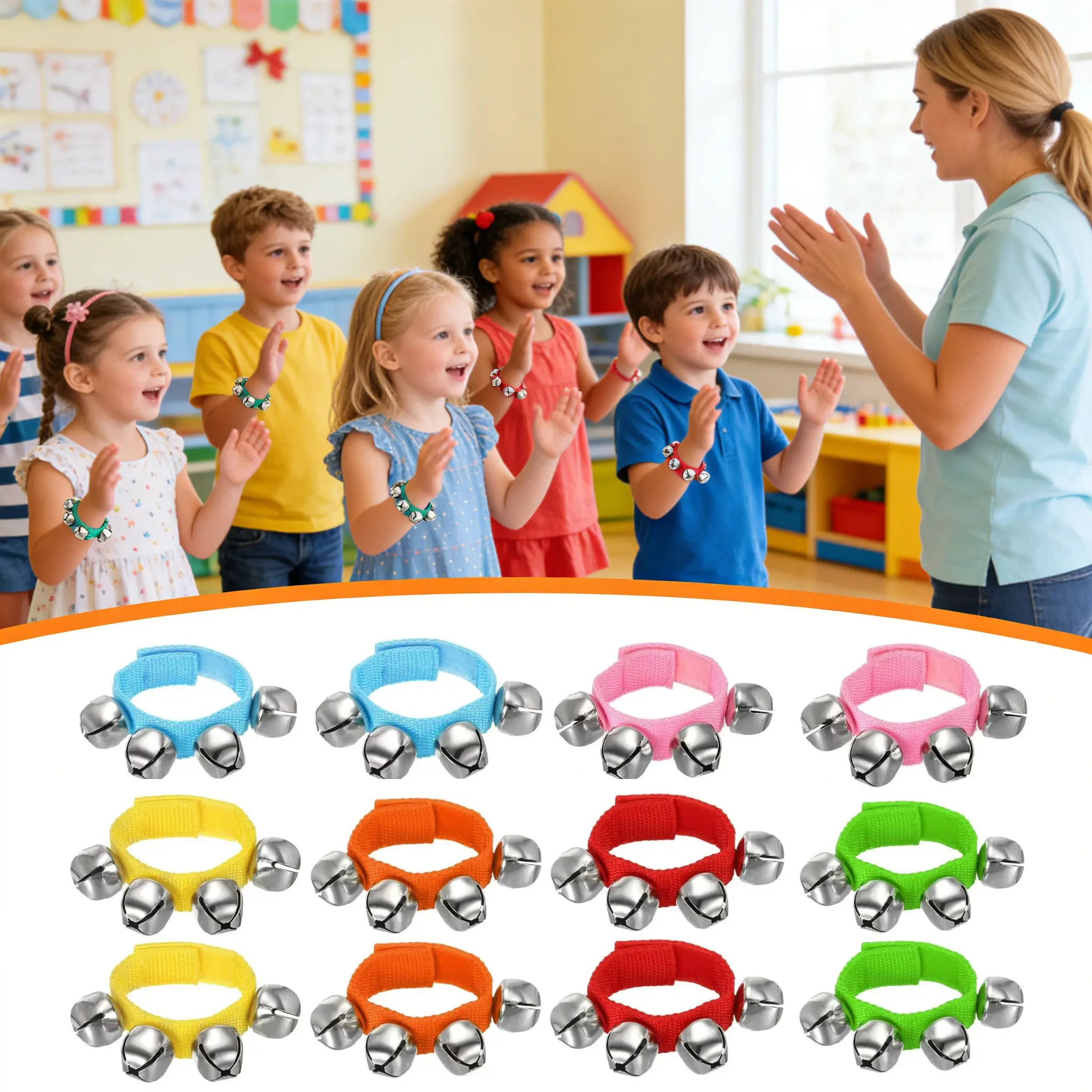 12PCS Adjustable Metal Jingle Bell Wrist Shakers with Dual Beads, Kids' Percussion Musical Toy for Sensory Play & Classroom Early Learning