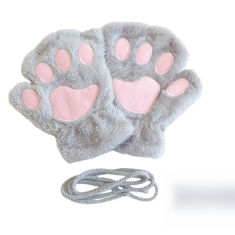 Cute Cat Paw Fleece Fingerless Mittens - Unisex Gray & Pink Plush Gloves for Outdoor Cycling - Multiple Colors (Sports & Outdoor Winter Sports Snowboarding Accessory), Fingerless Gloves, Animals