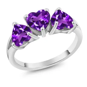 Gem Stone King Triple Heart 6MM Gemstone Birthstone Engagement Ring in 925 Sterling Silver | Elegant 3-Stone Design for Women | Wedding Anniversary Promise Ring | Sizes 5, 6, 7, 8, 9