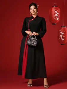 Plus Size Women's Stand Collar Long Sleeve Lantern Sleeve Dress, Block Buttoned Qipao, Slim Fit A-Line Skirt, New Chinese Style