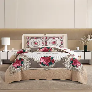 Luxurious Quilted Bedspread Set, Floral Pattern Duvet Cover with Pillowcase,Quilt,bed cover ，bedspread ,Queen Size, Reversible Design