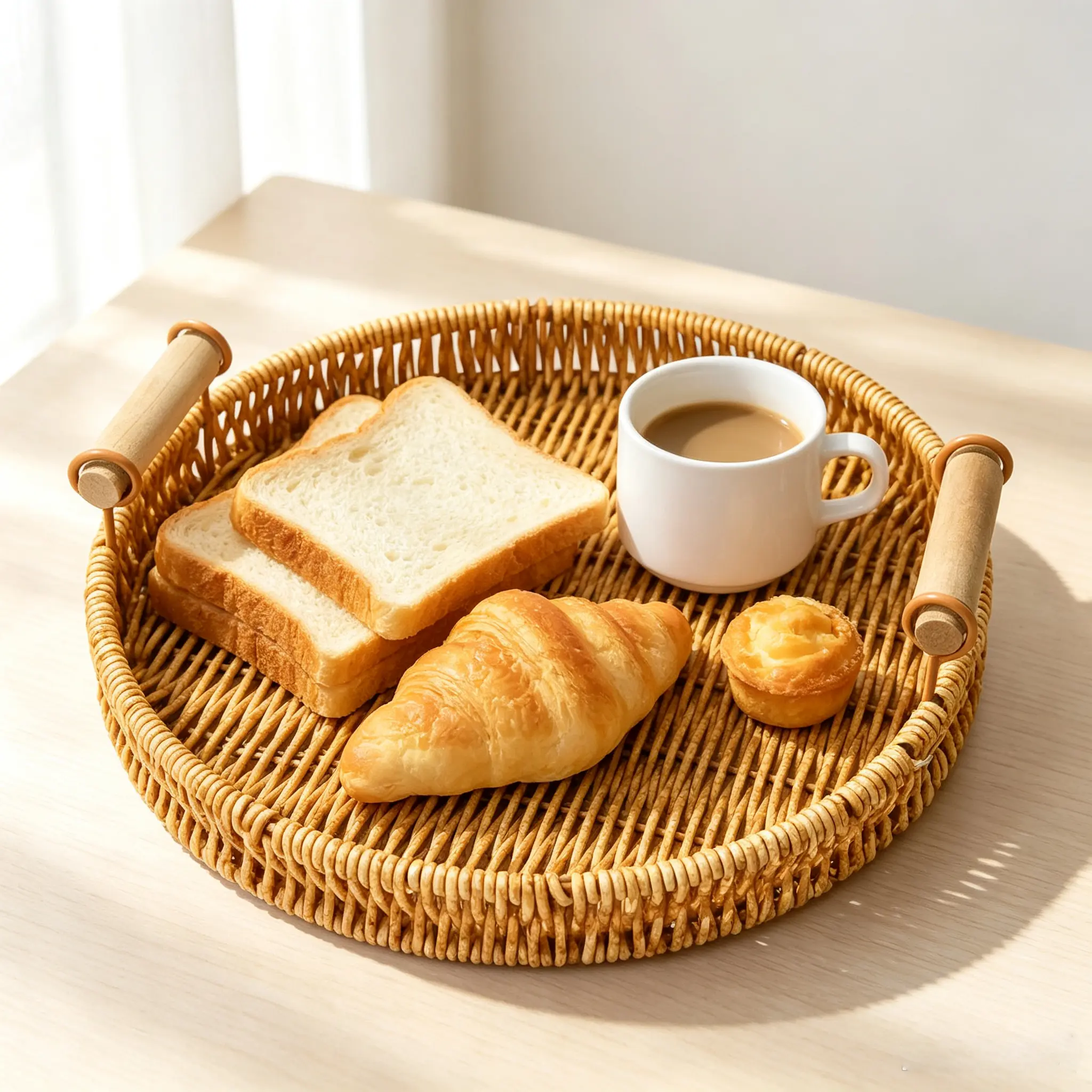 Round Rattan Tray, Round Woven Serving Basket with Handles, Storage Rattan Serving Trays for Home, Restaurant & Hotel Use