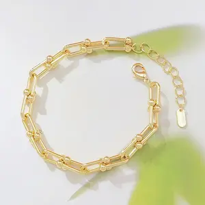 14K Gold Plated Paperclip Chain Bracelet for Women, Dainty U-Link Chain Bracelet with Ball Accents, Adjustable Stackable Link Bracelet, Tarnish Resistant Waterproof Everyday Jewelry Gift