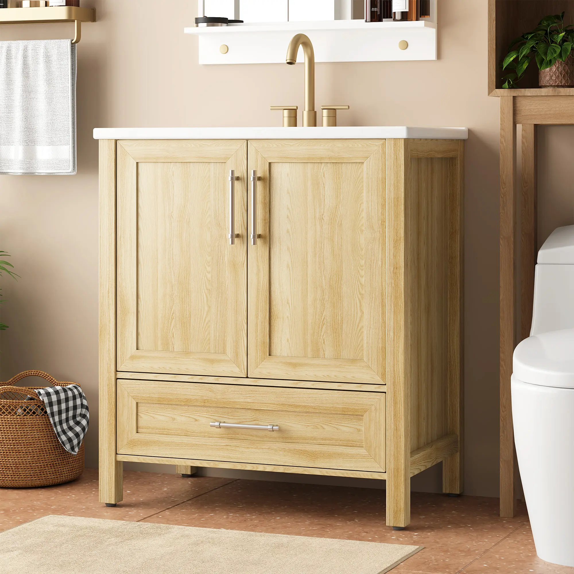 Garvee Upgraded Bathroom Vanity Set, Modern Freestanding Cabinet With Ceramic Basin, Drawer & 2 Soft-Closing Doors, Durable Easy To Clean, Multiple Size & Color Options