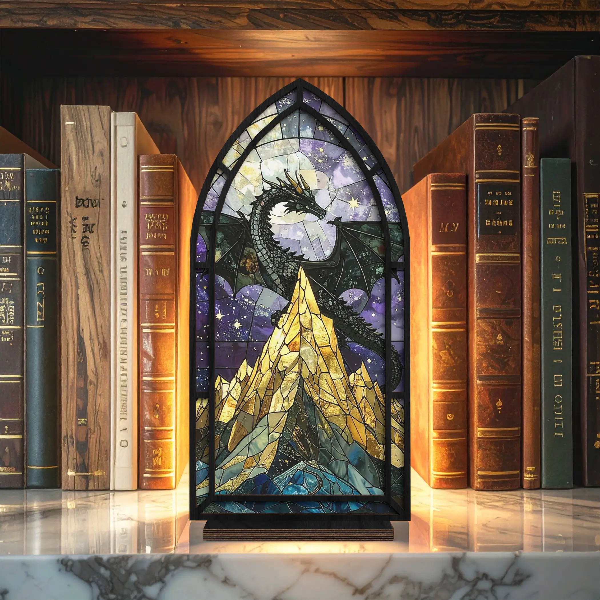 Velaris Stained Glass Book Nook Light - Night Court Inspired Shelf Decor, Handcrafted Look, Nighttime Glow, ACOTAR Bookish Gift with Electronic Candle, Giftable Box & Batteries for Fantasy Lovers, Adults, Bookshelf Decor