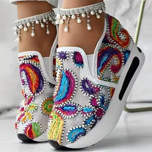 Women's Colorful Floral Embroidered Slip-On Wedge Sneakers, Breathable Mesh Low-Top Casual Shoes With Thick EVA Sole And Accents For Casual Attire Footwear Girl