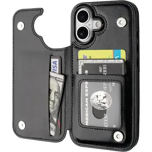 Compatible with iPhone 17 Wallet Case with Card Holder, PU Leather Kickstand Card Slots Case, Double Magnetic Clasp and Durable Shockproof Cover 6.3 Inch (Black)