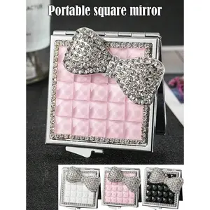 Multicolor Rhinestone Bowknot Square Glass Mirror - 2-Sided Fold-Open Travel-Size Small Mirror, Portable Handbag Makeup Accessory, Ideal Princess Gift, Travel Size Products