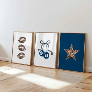 Leopard Print Wall Art Set of 3 Poster, Preppy Maximalist Decor, Navy Blue Rockstar Girlfriend Posters