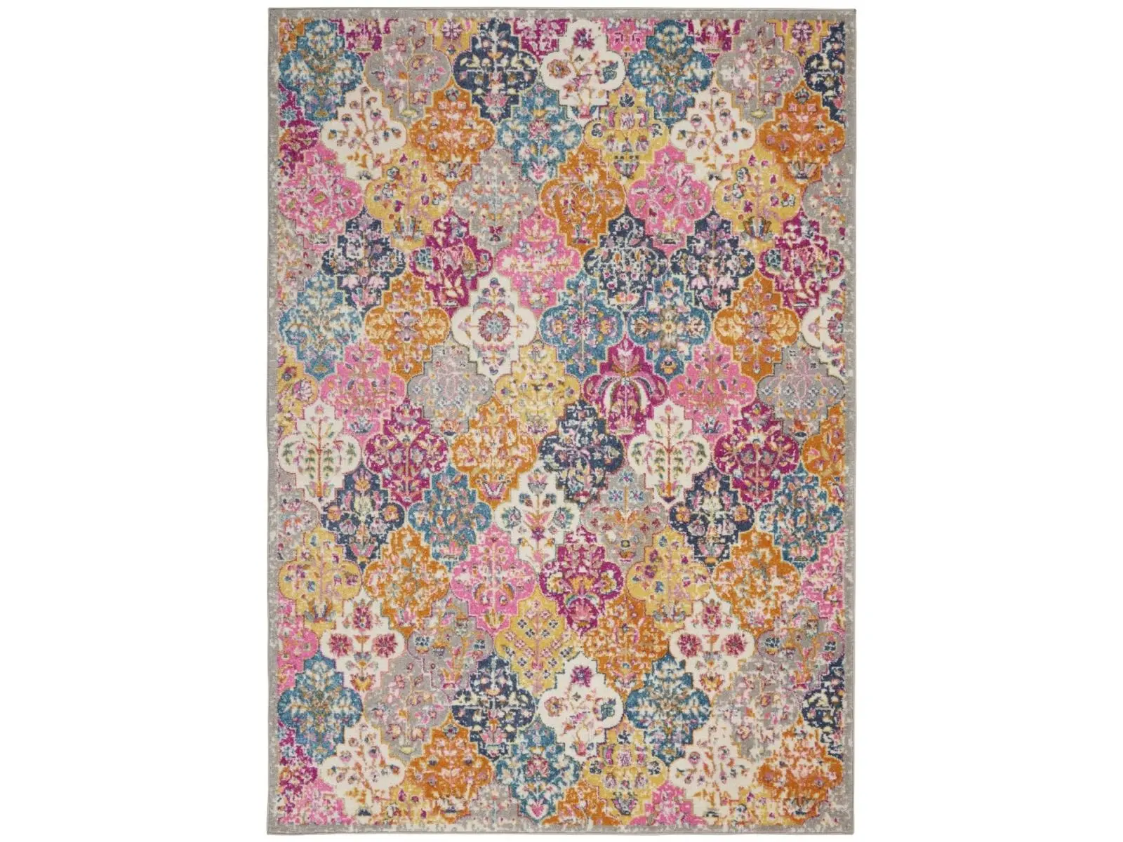 HomeRoots Boho Area Rug, 7x10 ft Multi-Color Muted Brights Floral Diamond Area Rug, Boho Area Rugs
