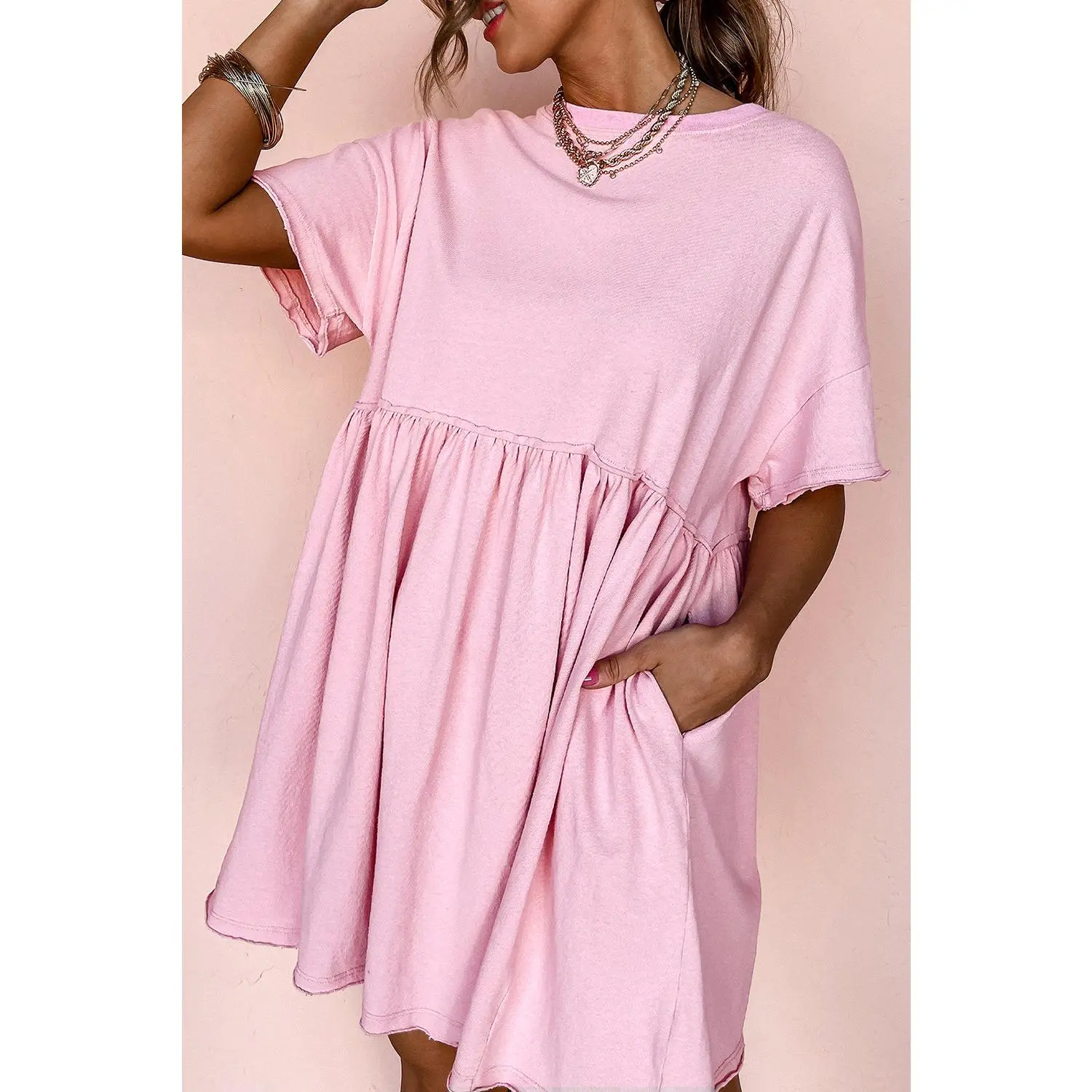 Light Pink Solid Color Pocketed Raw Edge Babydoll Dress