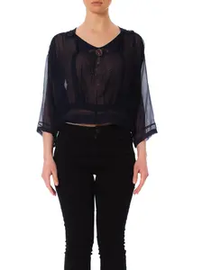 Edwardian Navy Blue Silk Chiffon Early 1920S Beaded Blouse XL