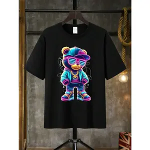 Men's Fashion Neon Bear Print Crew Neck Short Sleeve Casual T-Shirt