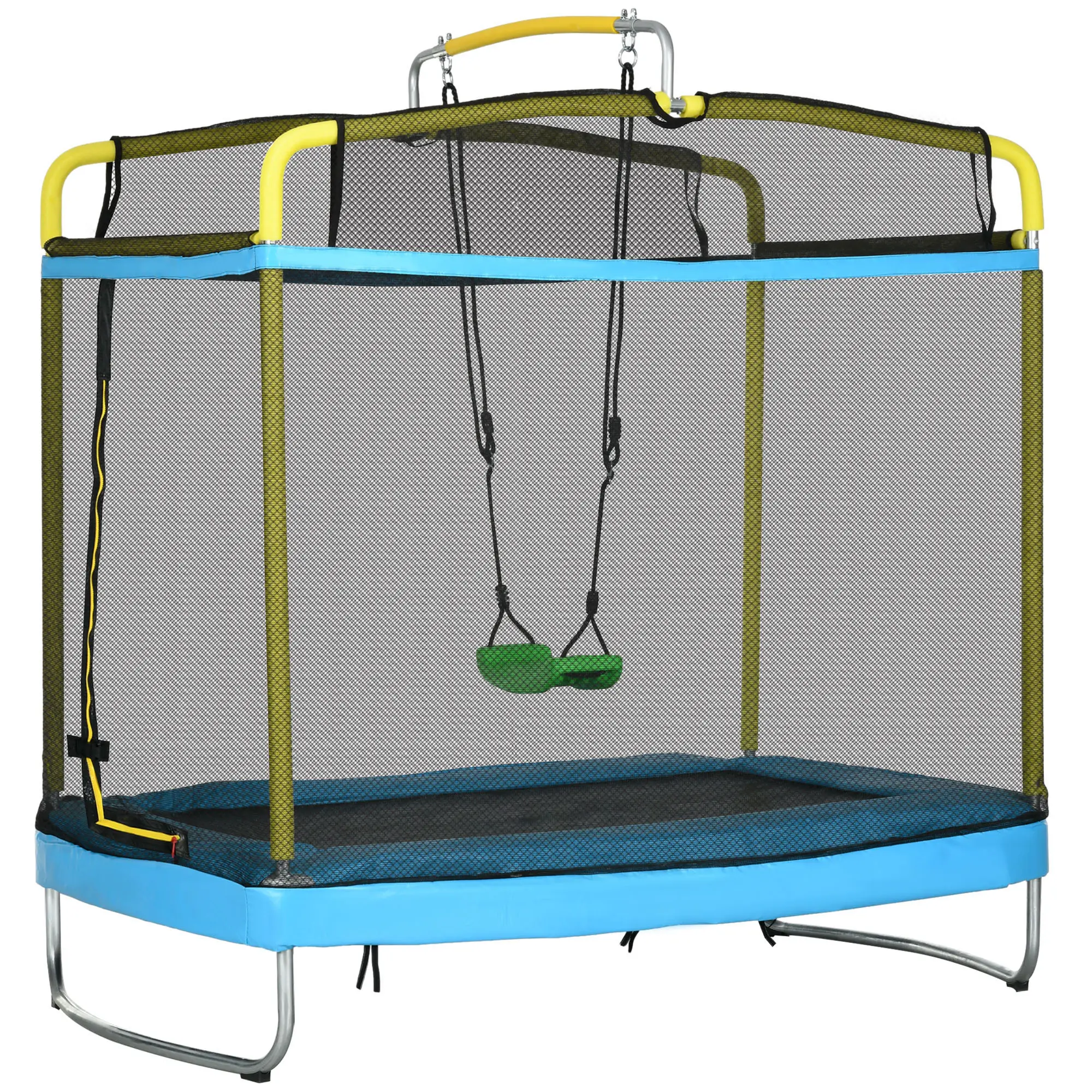 Kids 3-In-1 Multifunctional Trampoline, 70" L x 46.5" W x 82.75" H, 176 Lbs Capacity, High-Density Jump Pad & Foam-Wrapped Metal Posts, 360-Degree Safety Net, Full Cushion Protection, Wear-Resistant, Suitable for Ages 3-6 All-Season Daily Jumping Exercise