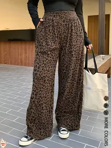 Women's Casual Leopard Print Elastic Waist Corduroy Loose Fit Pants, Comfortable and Stylish, Perfect for Daily Wear, Everyday, All Season, Back To School Clothes Fall, Trouser