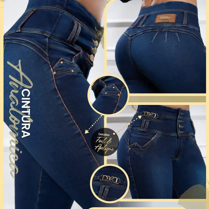 Strive Jeans with Faja Panty 4 Bottom No Bolsas - Cintura anatómica Details Foil & Applique Design Denim