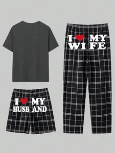 3-Piece Couple Matching Plaid Homewear Set, Casual Fitted Sleepwear, Perfect Gift for Anniversaries & Valentine's Day, Fall&winter