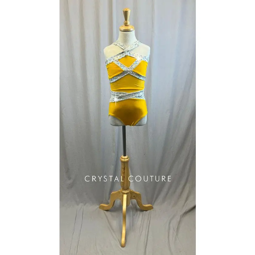 Mustard Yellow Cutout Velvet Leotard with Metallic Silver Outline -Rhinestones