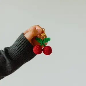 Crochet Cherry Keychain - Plush Fruit Key Charm for Purse - Trendy & Cute Accessory - Perfect for Keychains